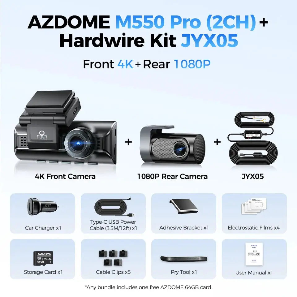 Simples Market AZDOME M550 Pro 2CH dash cam system with 4K front and 1080P rear + JYX05 hardware kit