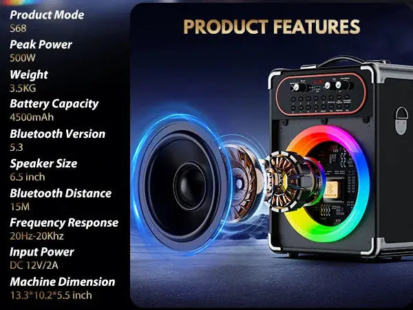 Simples Market S68 Kara Ok Bluetooth speaker with 2 microphones, portable black unit with RGB LED rings