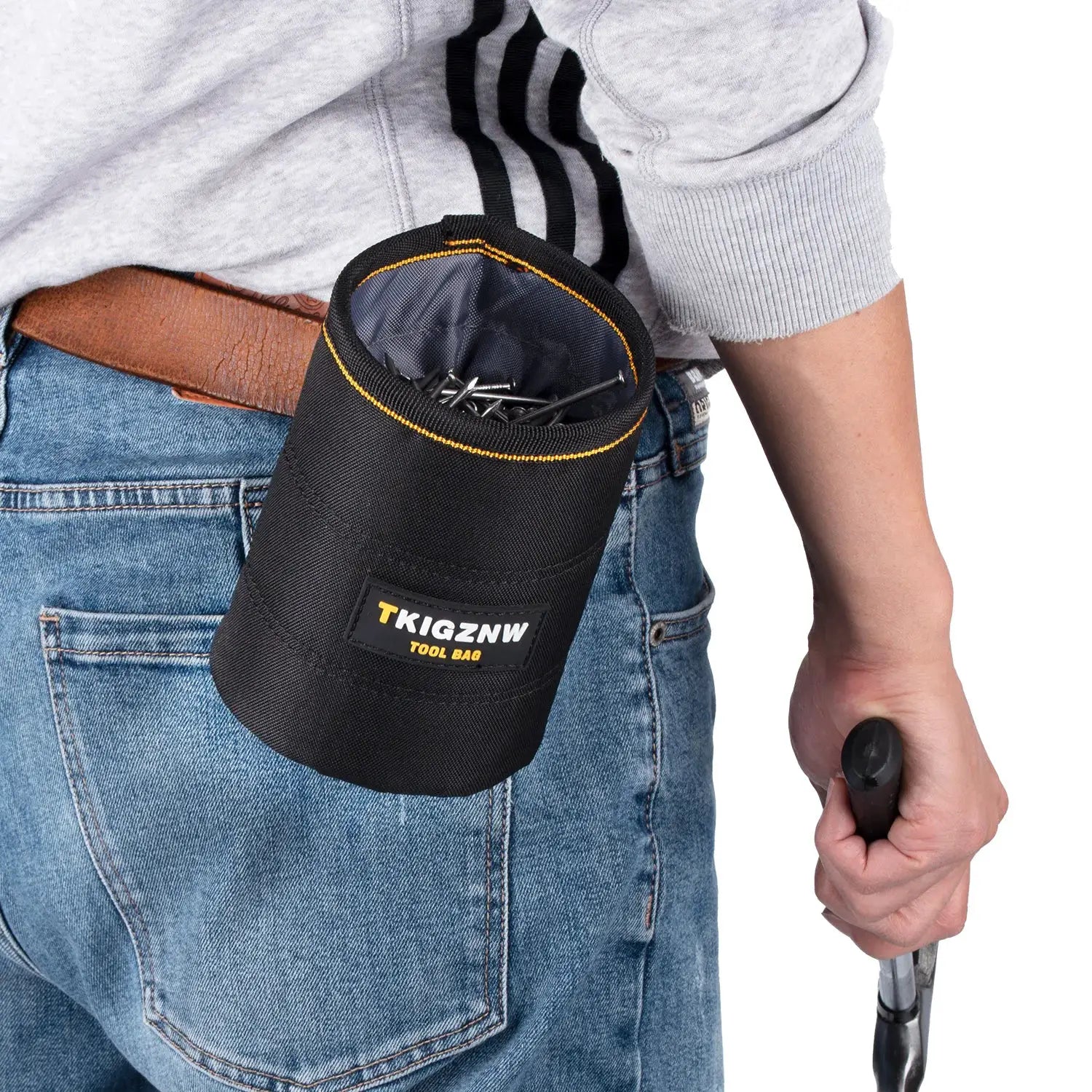 TKIGZNW black tool pouch with belt clip, holding nails and screws