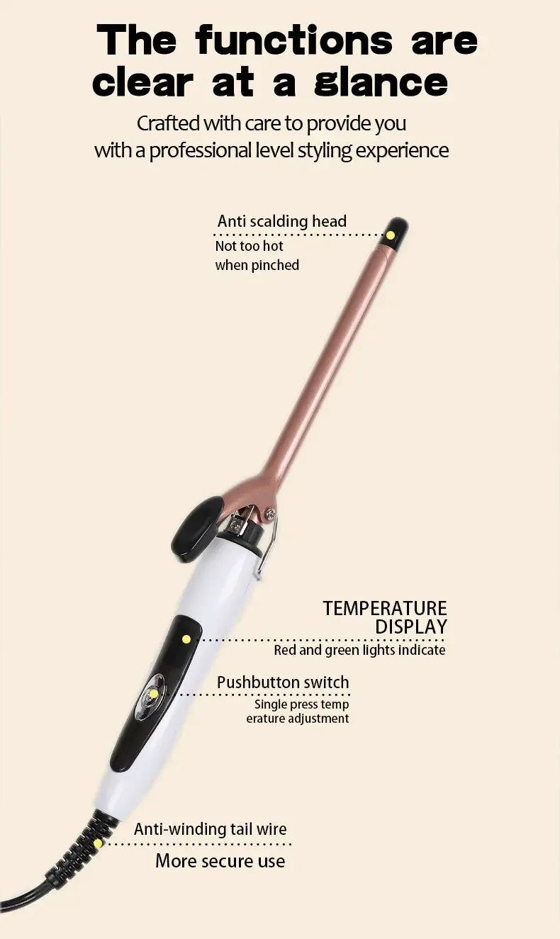 Euro-standard 0.51-inch ultra-fine curling iron, rose-gold handle with white body, temperature display, anti-winding cord
