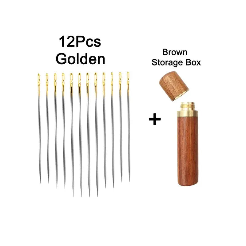 12pcs golden stainless steel sewing needles with brown wooden storage box