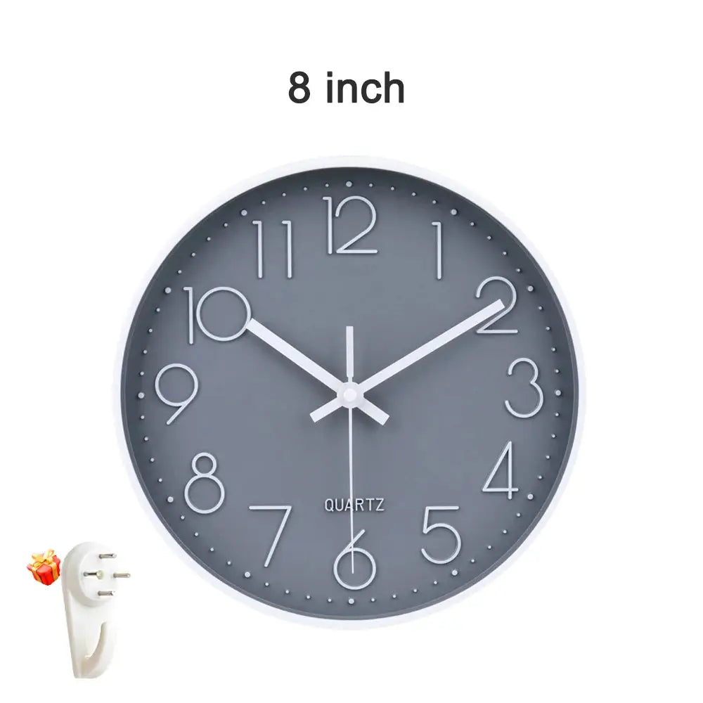 8 inch mute quartz wall clock and plug accessory with gray dial and white numerals