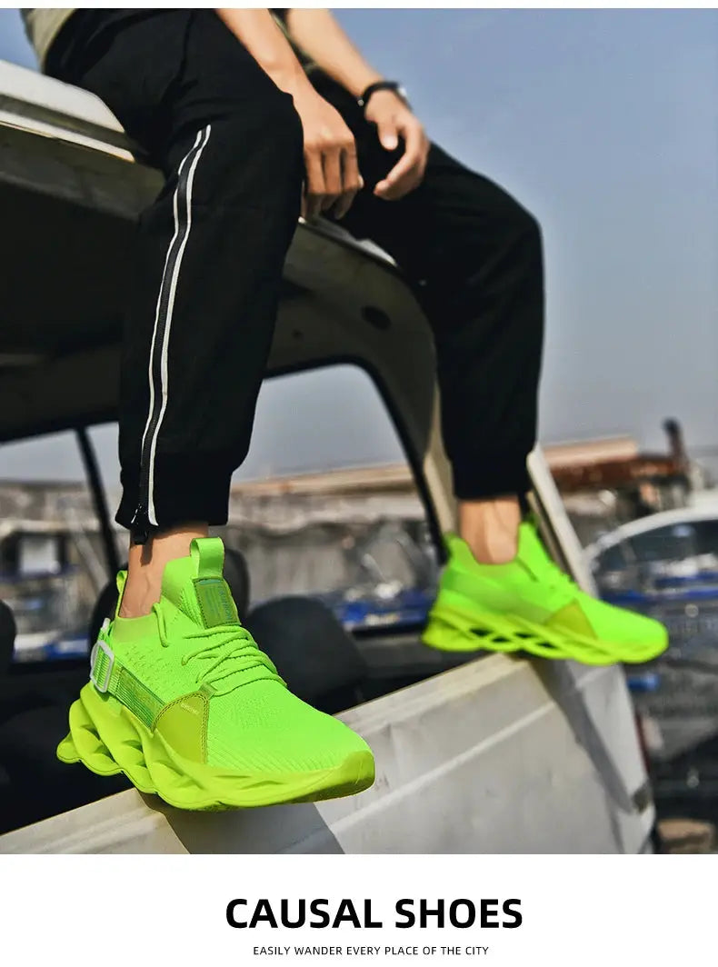 Pair of neon green mesh sneakers with breathable upper and thick sole