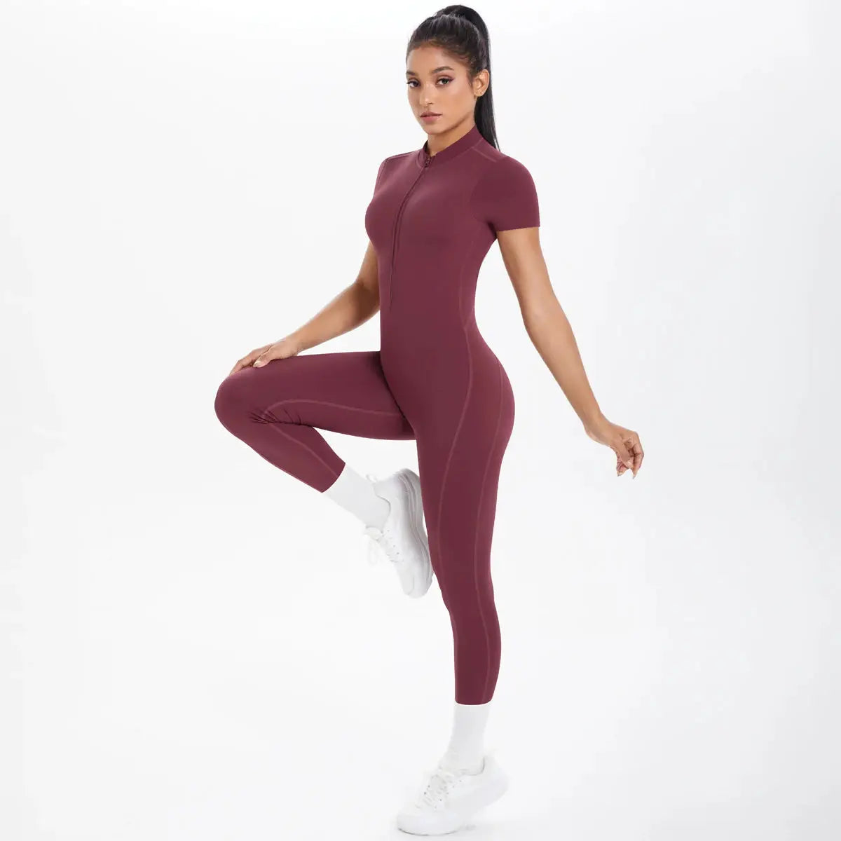 Burgundy short-sleeve fitness jumpsuit, one-piece scrunch bodysuit with front half-zip for gym and yoga