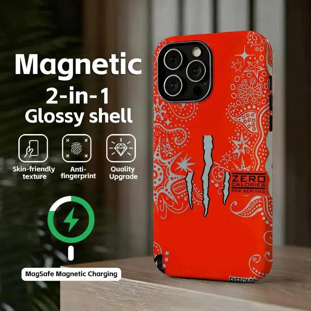 Red glossy M-MonsterES fashion phone case with energy-drink artwork; MagSafe charging for iPhone 11–17 Pro Max.