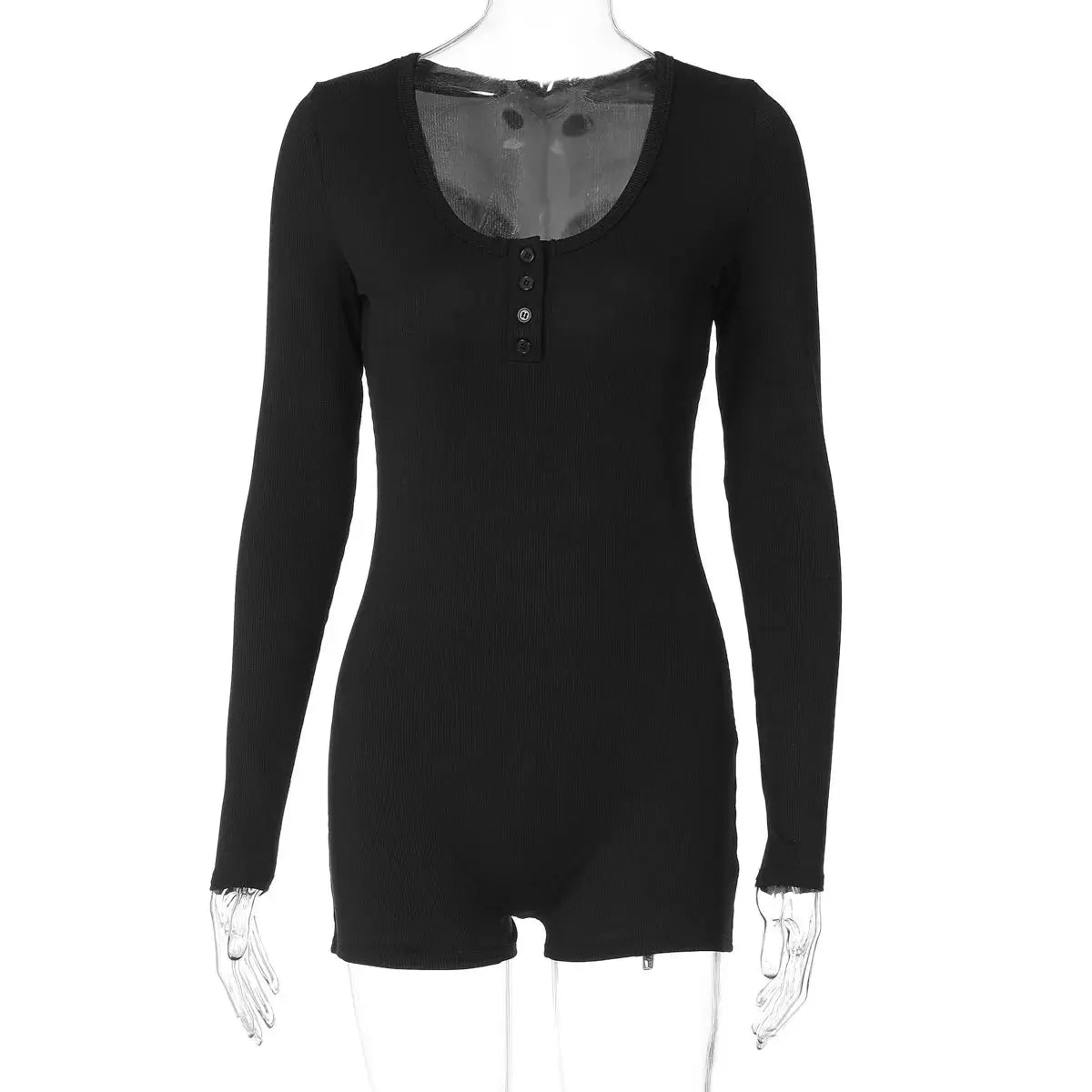 Hugcitar black ribbed square-collar long-sleeve playsuit with button placket and bodycon fit