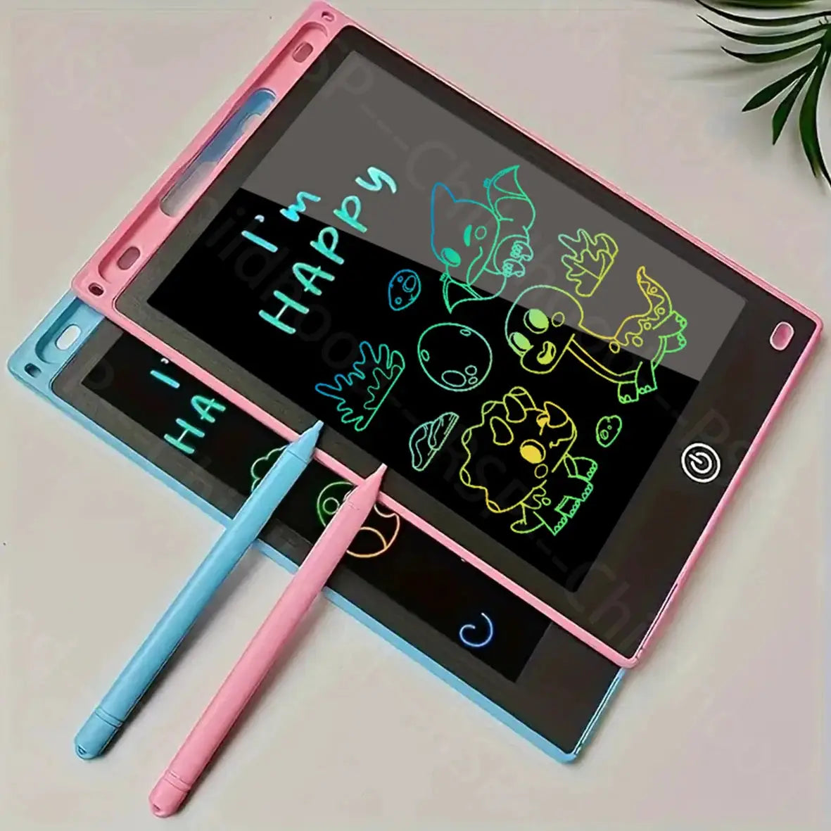 Two 8.5-inch LCD writing tablets in pink and blue with matching styluses for kids