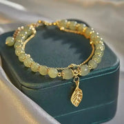 Luxury Love Gold Tone Hotan Jade Ladies Bracelet Leaf Motif Double Layer Jewelry Gift For Women