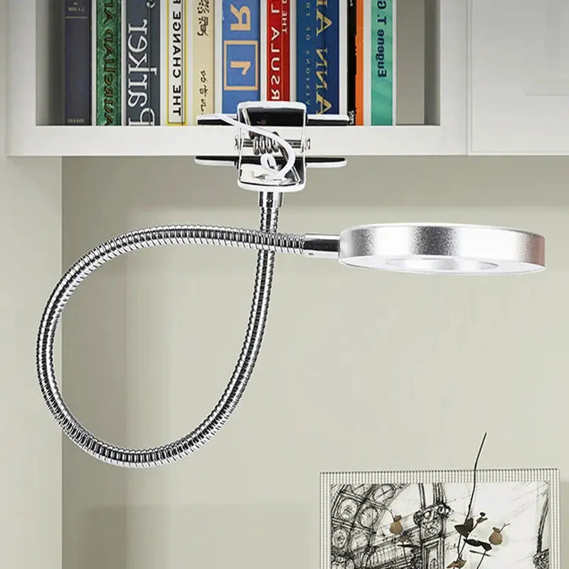 LED Ring Clamp Lamp with flexible chrome gooseneck and clamp mount