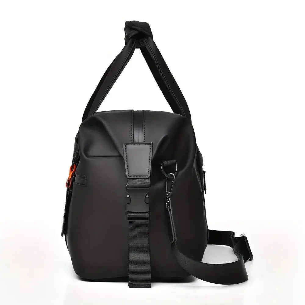 Large capacity travel bag in black, unisex duffel with top handles and detachable shoulder strap