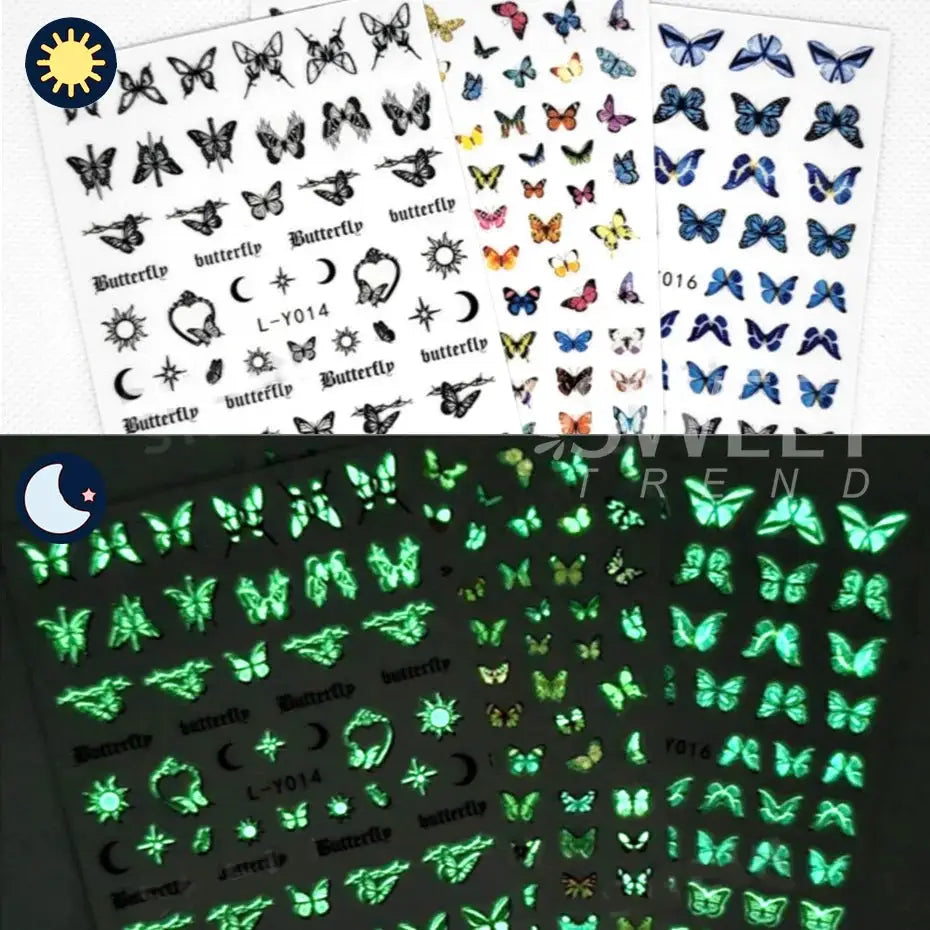3pcs luminous butterfly nail decal sheets; glow-in-the-dark blue butterfly designs for manicure