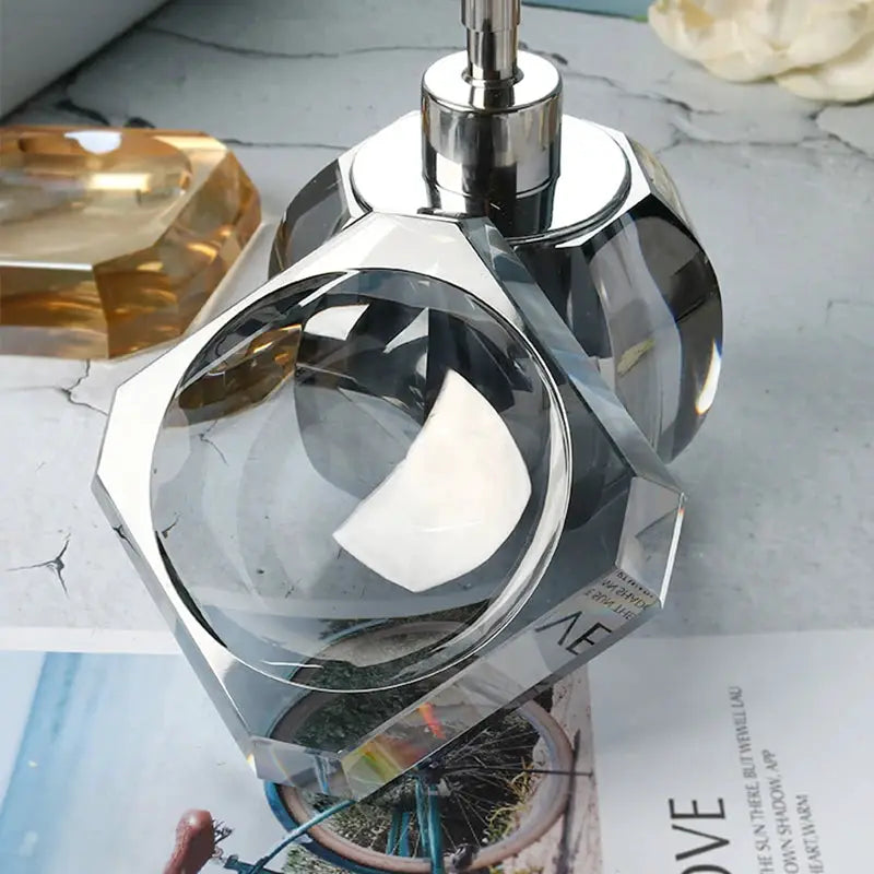 Glass crystal bathroom set with clear pump soap dispenser and matching accessories