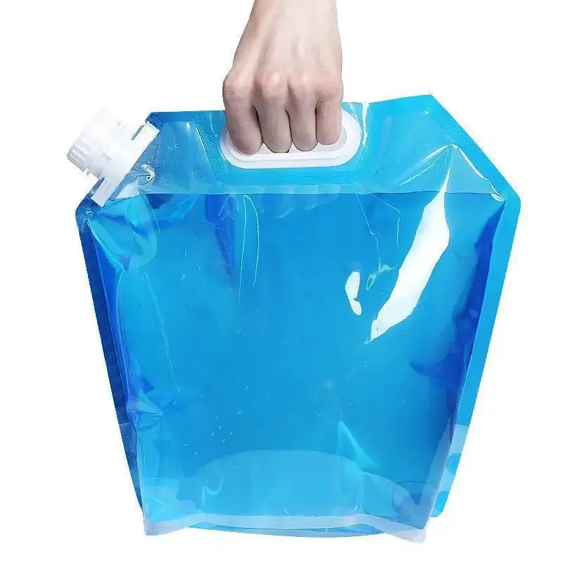 Blue collapsible water container bag (5L/10L) for outdoor camping with white cap and handle