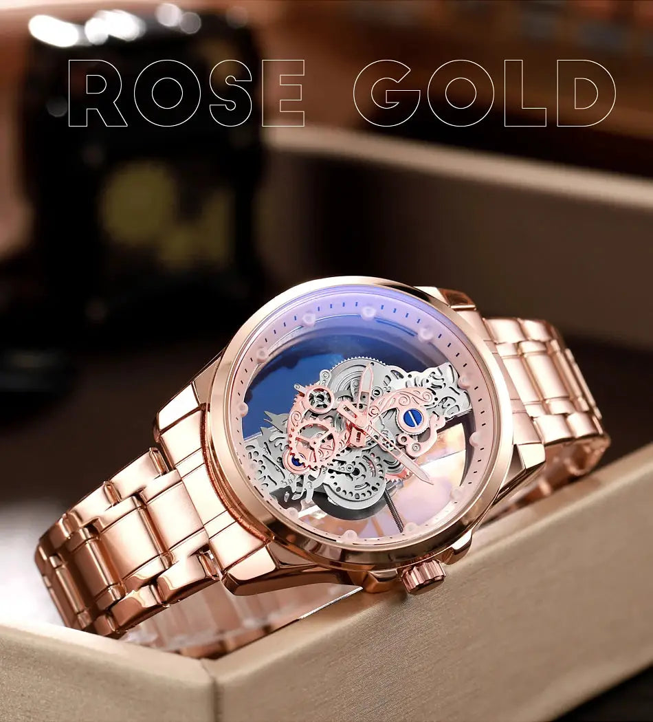 Men's rose-gold skeleton automatic quartz wristwatch with stainless steel bracelet