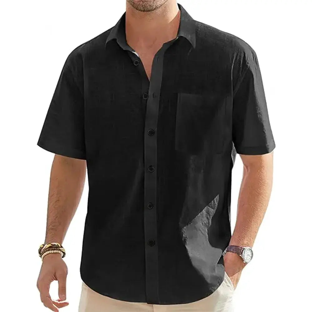 Men's black cotton-linen short-sleeve shirt with chest pocket by Simples Market