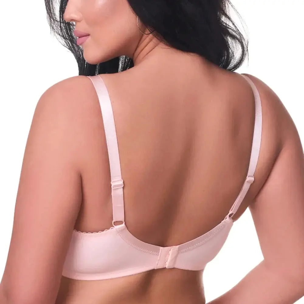 Plus-size pink lace bra back view with adjustable straps and back clasp