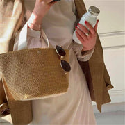 Straw-woven handbag, tan top-handle tote for beachwear with casual retro style