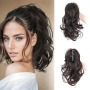Ponytail extensions by Simples Market, 12-inch synthetic with claw clip, short curly style in black/brown