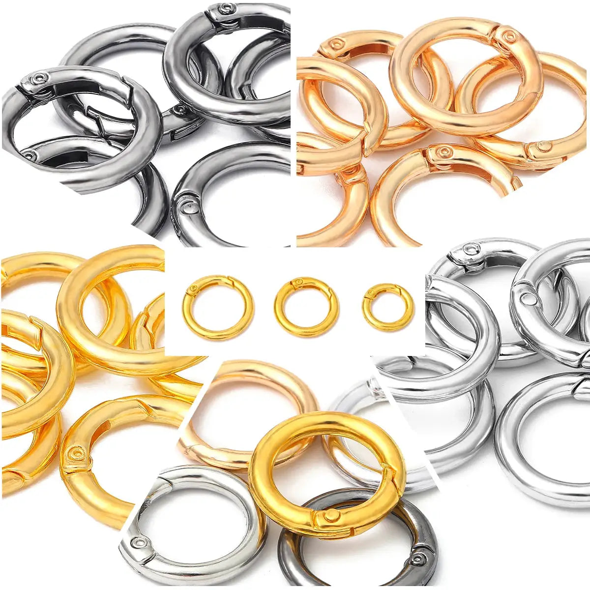 Alloy open spring ring buckle set, 10 pieces in gold and silver circular metal rings for keychains