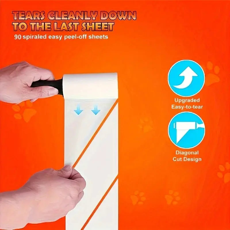 Simples Market Ultra Sticky Lint Roller for Pet Hair, hands peel a sheet from a white roller against orange packaging.