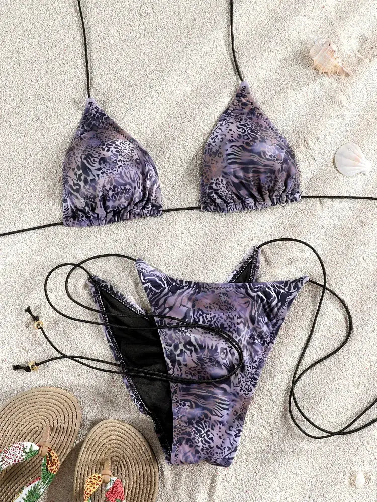 Purple leopard-print bikini set with triangle top and high-cut string bottoms, women's swimwear