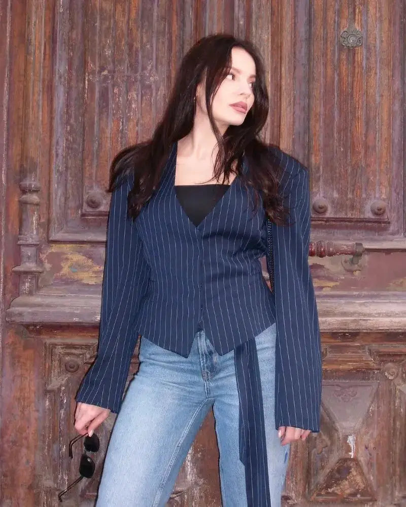 Simples Market Trendix Elegant Blazer 2-Piece Set in navy pinstripe with long sleeves