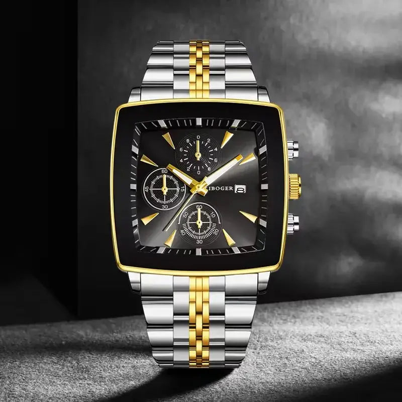 Men's square-dial quartz wristwatch with two-tone stainless steel bracelet and black dial with gold markers and calendar date.