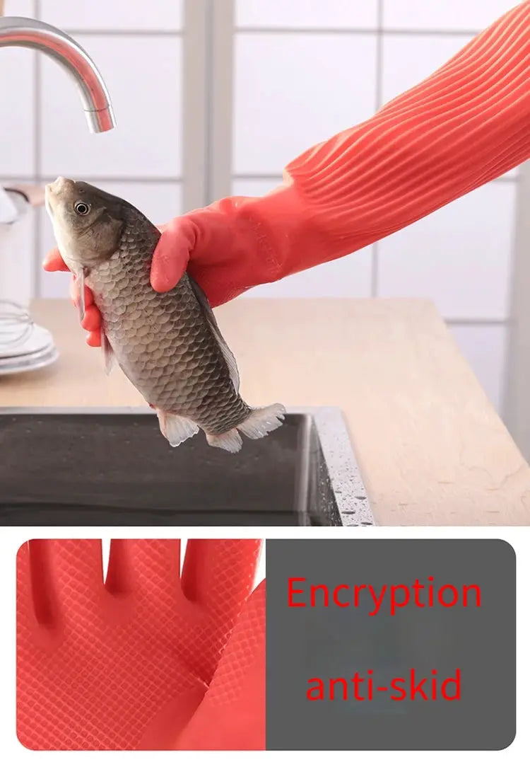 Simples Market red lengthened silicone dishwashing gloves with textured grip, holding a fish under a kitchen faucet