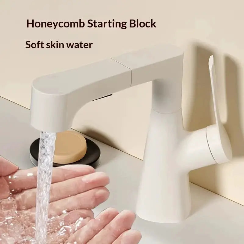 Hair washing bathroom faucet, white pull-out liftable spray, 360° rotatable mixer with 2 spray modes