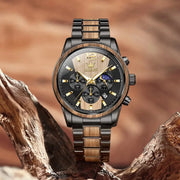 OLEVS men's wooden quartz wristwatch with black wood-tone bracelet, chronograph subdials and date window