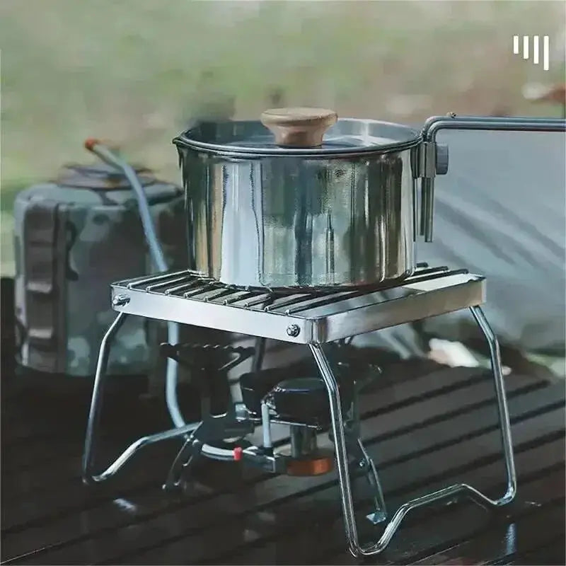 Outdoor stainless steel stove holder for camping; portable folding mini barbecue rack with pot and baking tray holder.