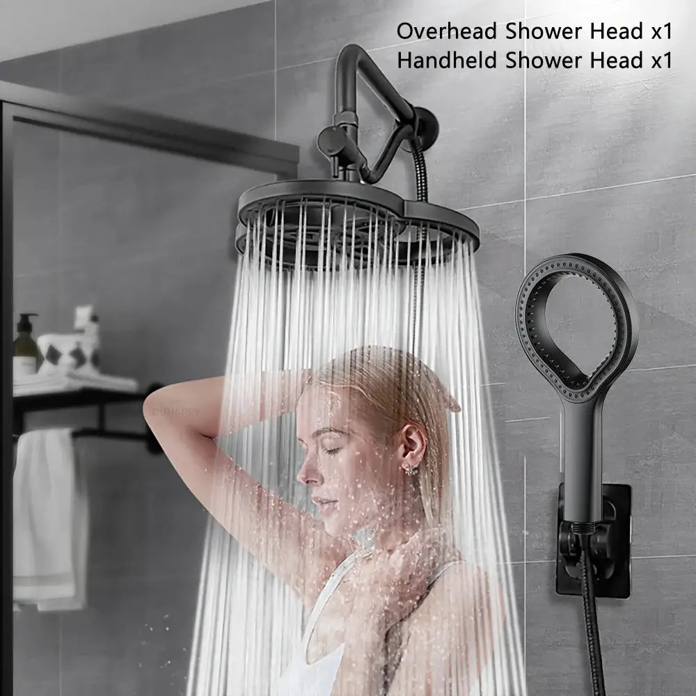 Overhead rainfall shower head set with handheld shower head, both in black matte finish