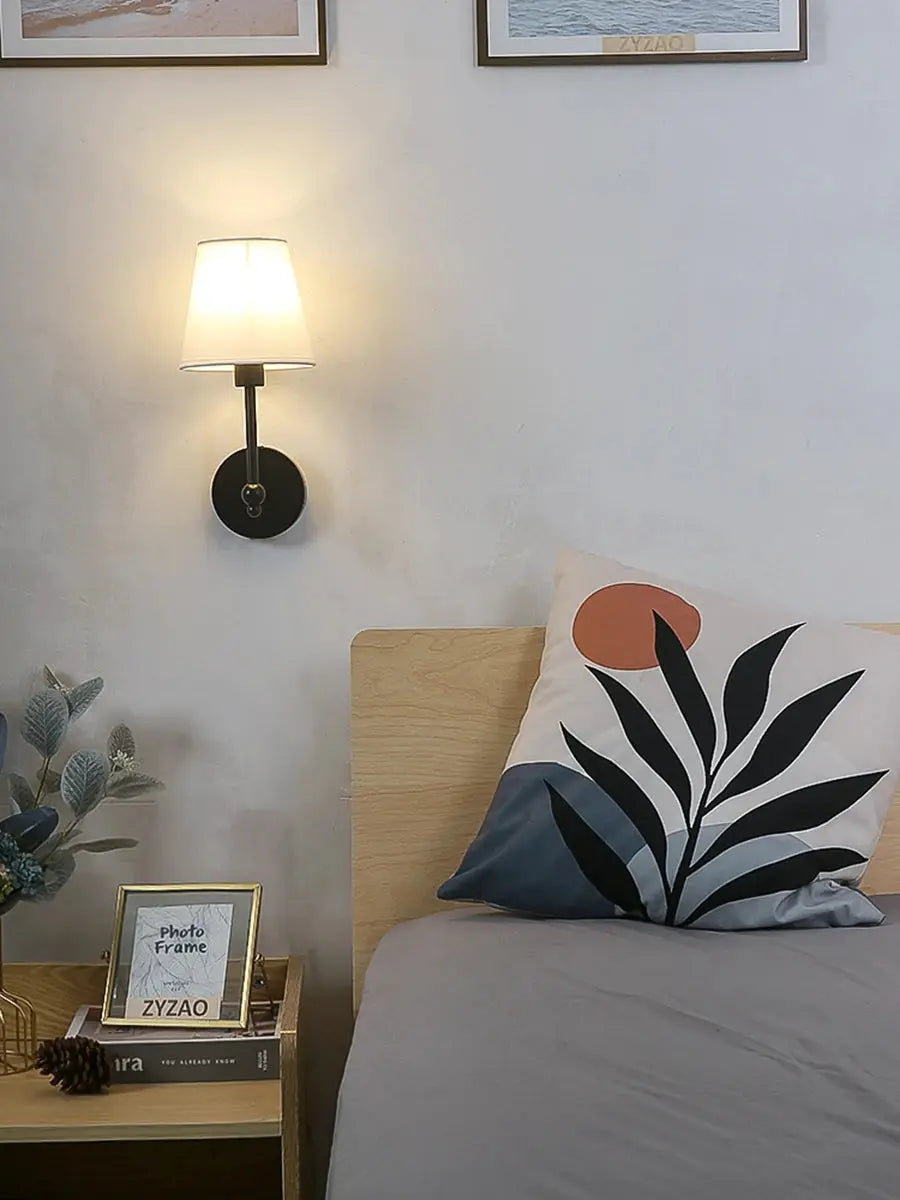 American Retro Wall Lamp by Simples Market with fabric shade, black sconce for bedroom bedside