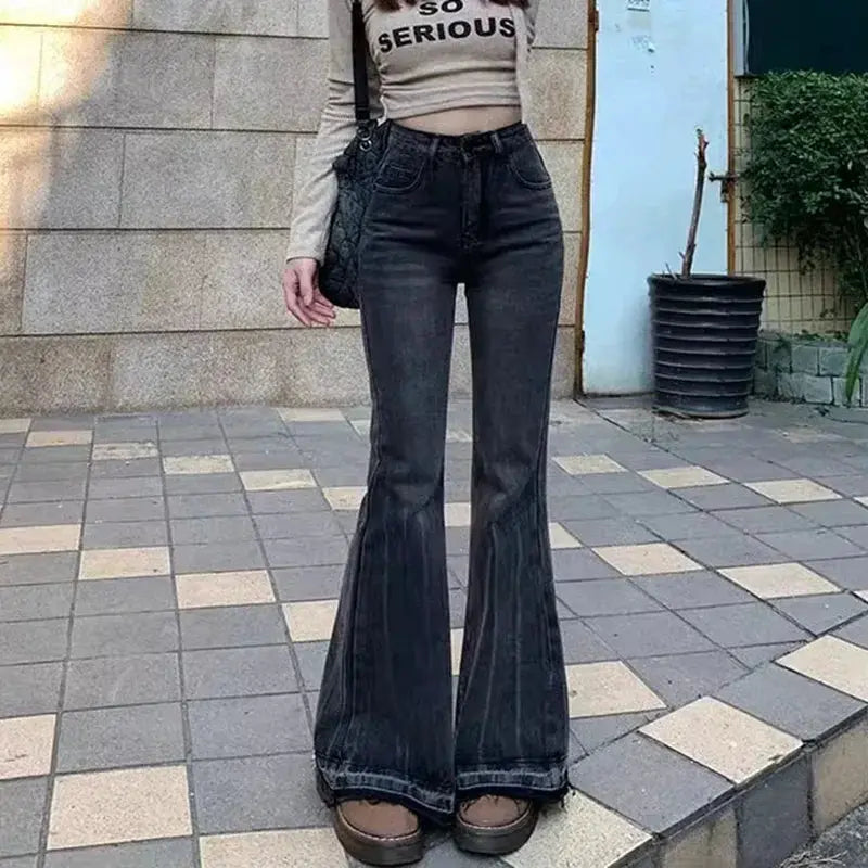 Women High Waist Vintage Flare Jeans Bell Bottom Denim Trousers