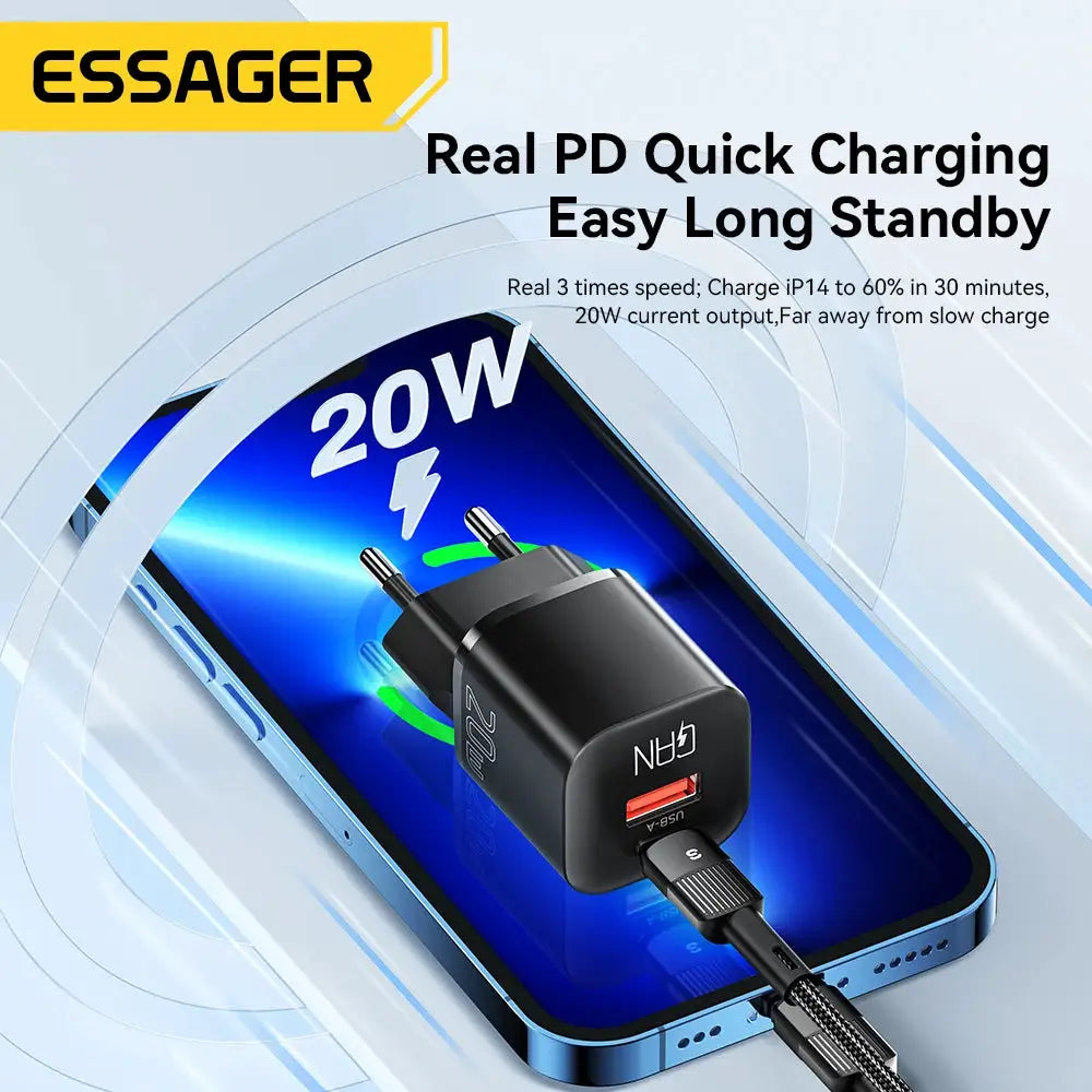 Essager 20W GaN PD USB-C wall charger in black with a compact block design