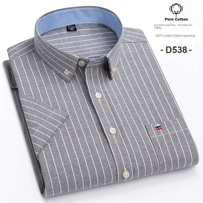 Simples Market men's breathable cotton oxford short-sleeve striped shirt in gray with white pinstripes.