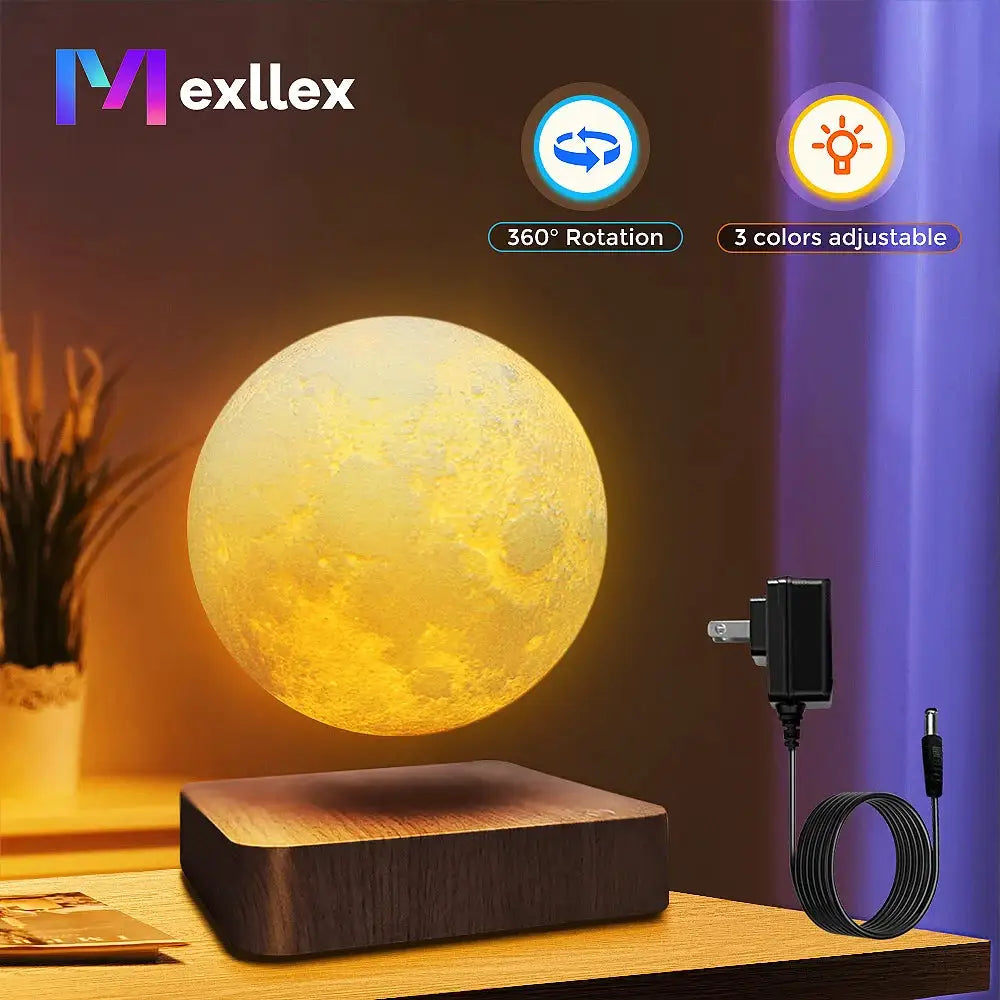 Moon lamp with wooden base, magnetic floating design, 3-color LED, 360° rotation