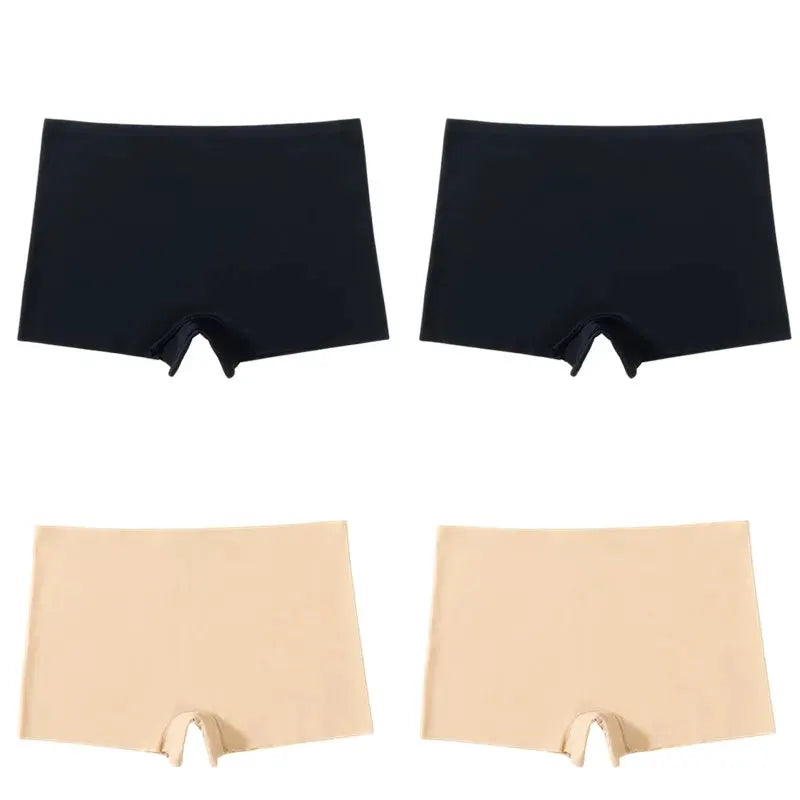 BZEL 4PCS seamless women's boyshort panties in black and nude silk satin, breathable underwear set