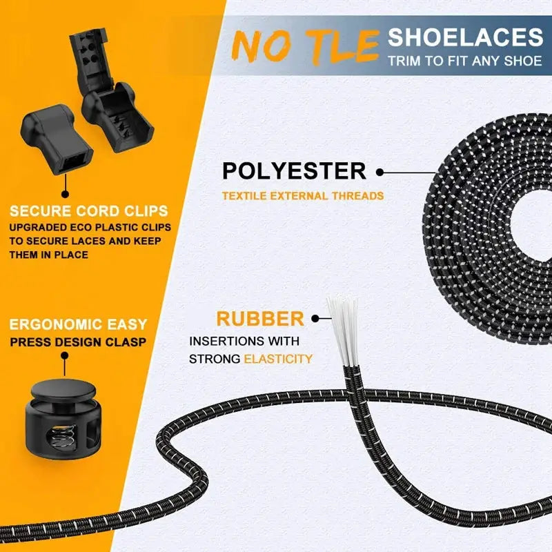 1 Pair Simples Market no-tie elastic sneaker shoelaces, black braided round laces with white aglets