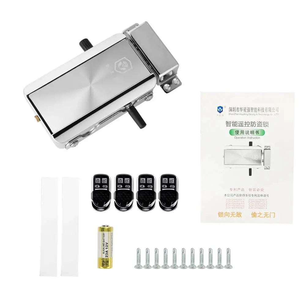 TTLock Tuya smart door lock kit in stainless steel; remote control with 4 key fobs, battery, screws, strips, and manual