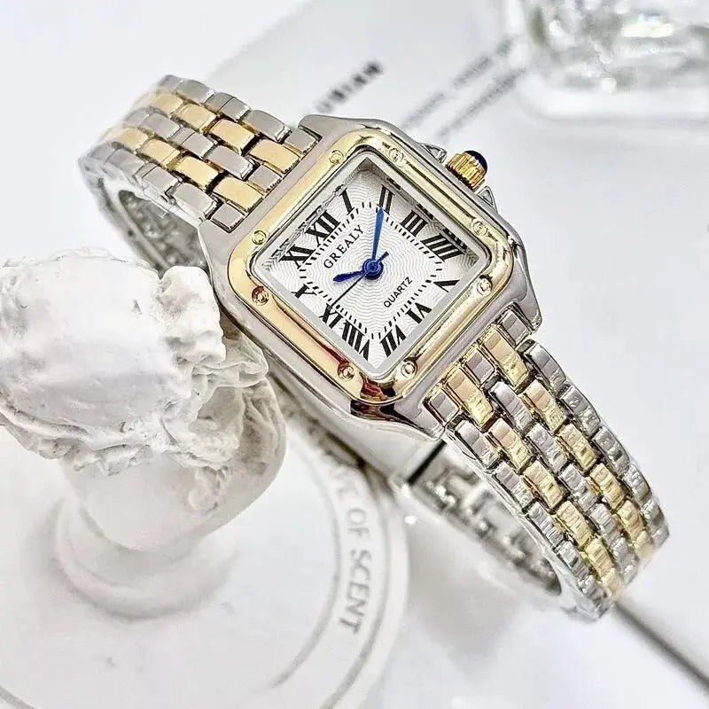 Simples Market luxury rhinestone square women's watch with two-tone stainless steel bracelet and blue hands