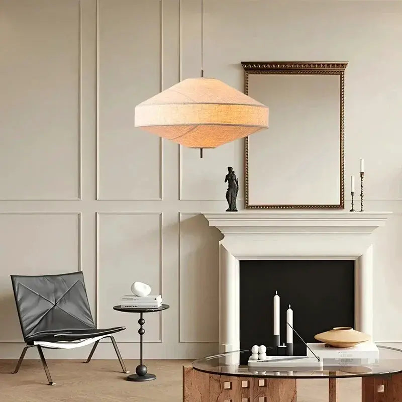 Japanese Wabi Sabi fabric pendant light with beige woven shade