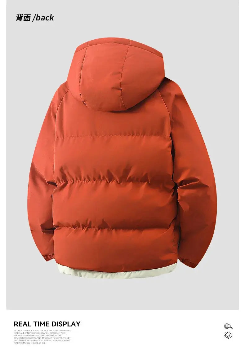 Men's orange hooded windproof puffer jacket, thick quilted warm coat