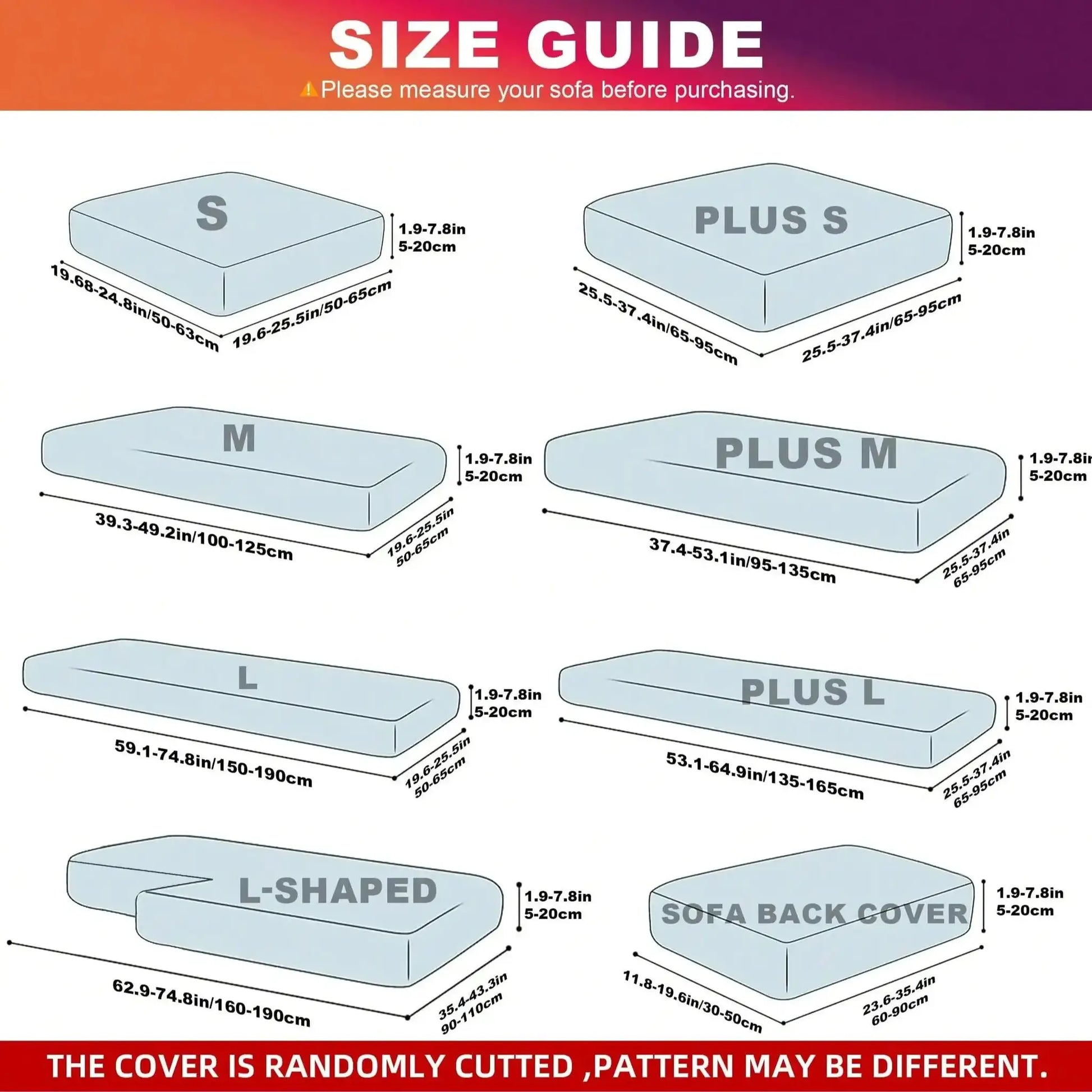 Simples Market outdoor tropical print sofa cushion covers size guide with S, M, L and Plus options and dimensions.