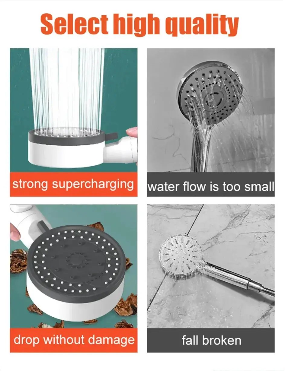 10-mode handheld showerhead with high-pressure filter and one-touch stop for water-saving bathroom use
