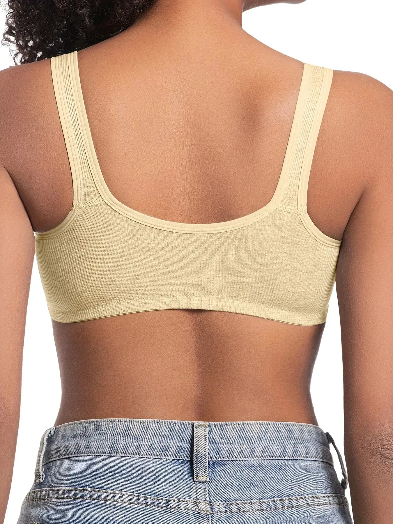 Women's wire-free front-closure bra in beige, full-coverage style by Simples Market.