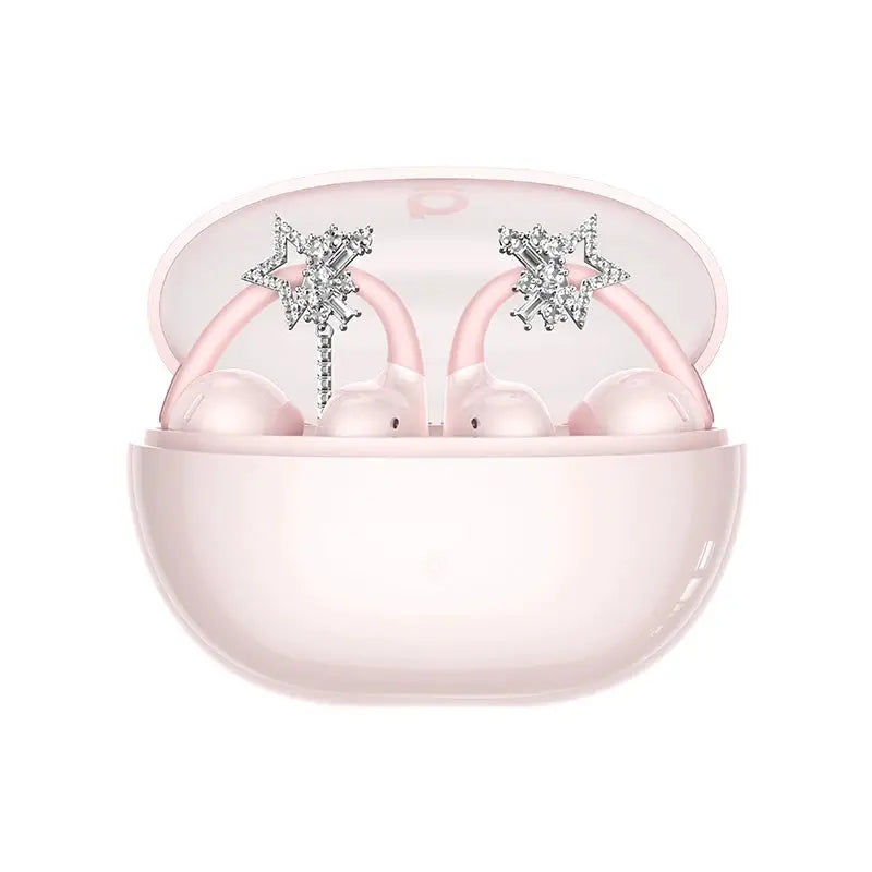 Baseus Bowie MC2 AIR clip-on TWS earbuds (2 pcs) in pink with crystal star charms, open charging case