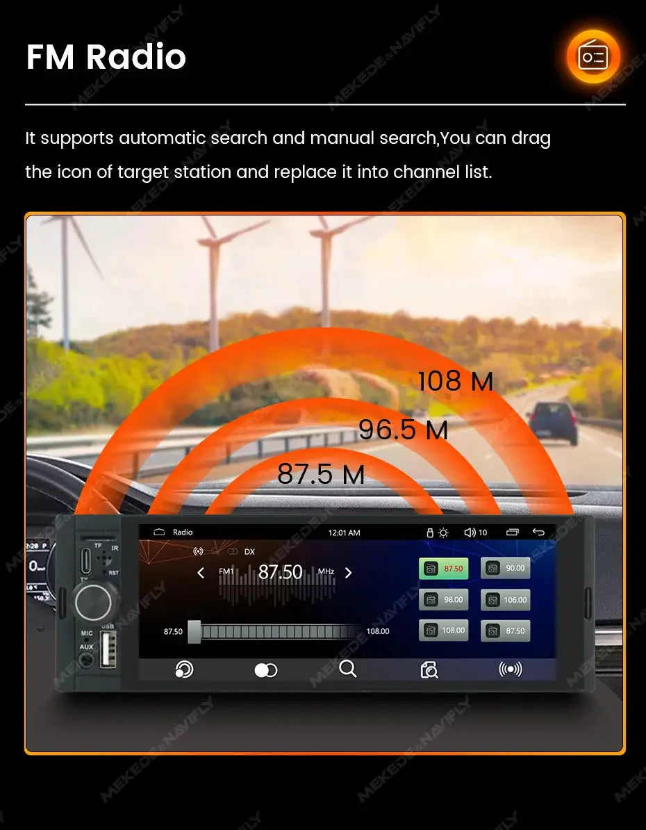 NaviFly OD8 6.86-inch 1-Din MP5 car radio with touchscreen, FM tuner, CarPlay/Android Auto