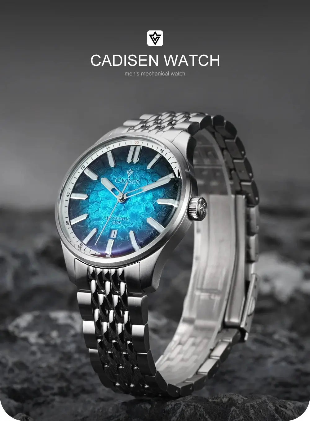 CADISEN automatic mechanical men's watch with blue patterned dial and stainless steel bracelet