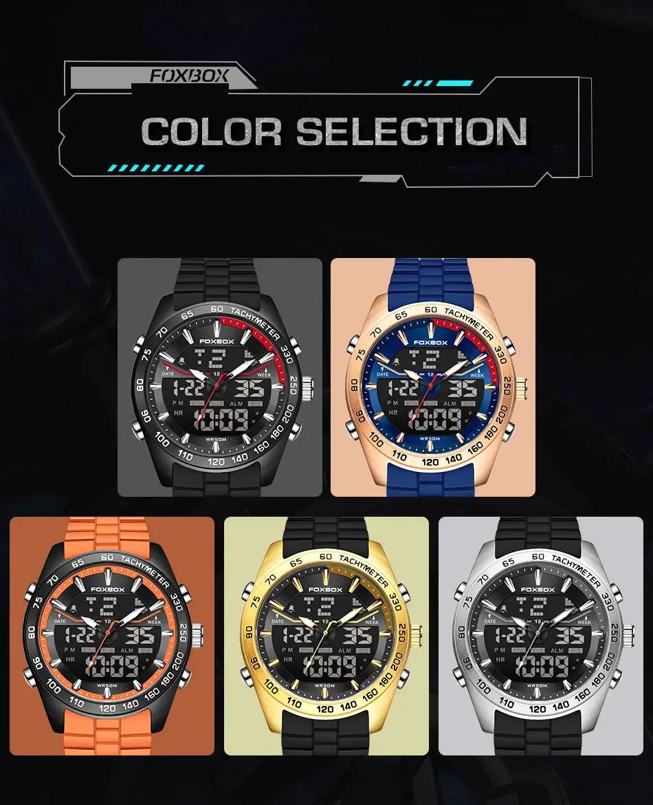 FOXBOX Luxury Digital Men's Watch — five color variants (black, blue, orange, gold, silver) with tachymeter bezel